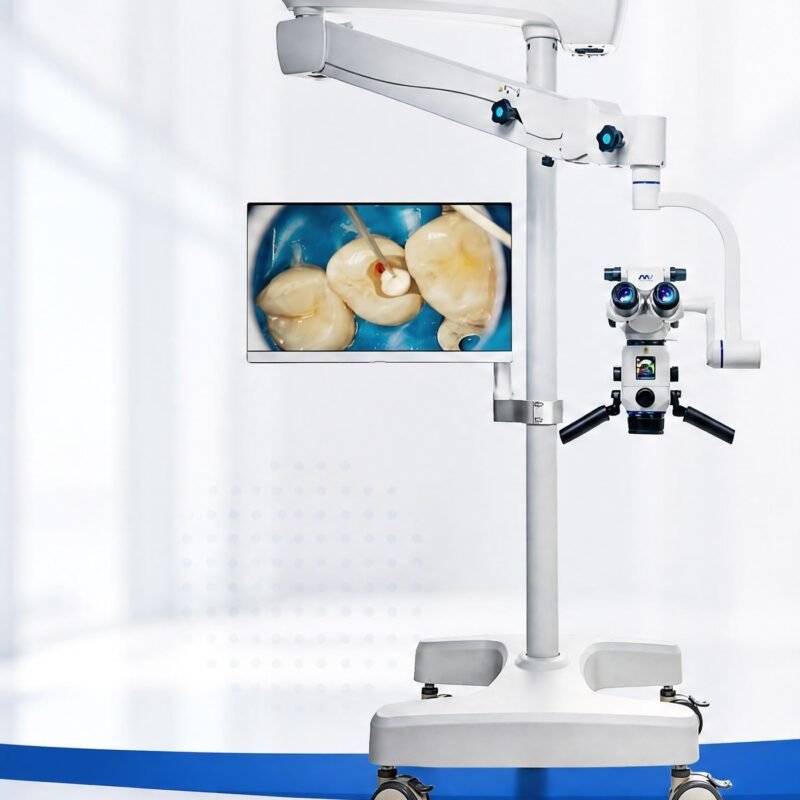Microscope opératoire dentaire MediWorks SM 626 M complet, sur statif mobile à roulettes, avec écran de visualisation