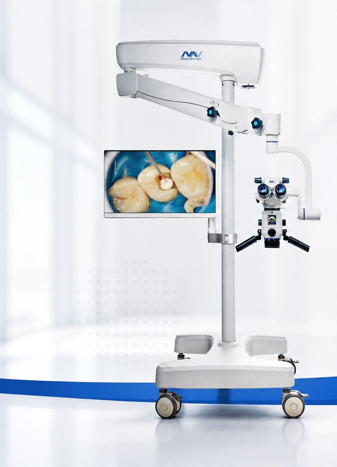Microscope opératoire dentaire MediWorks SM 626 M complet, sur statif mobile à roulettes, avec écran de visualisation