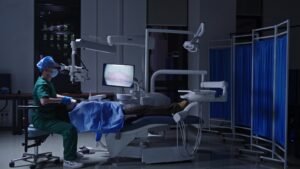 Praticien travaillant au microscope SM 626 M sur un patient installé au fauteuil