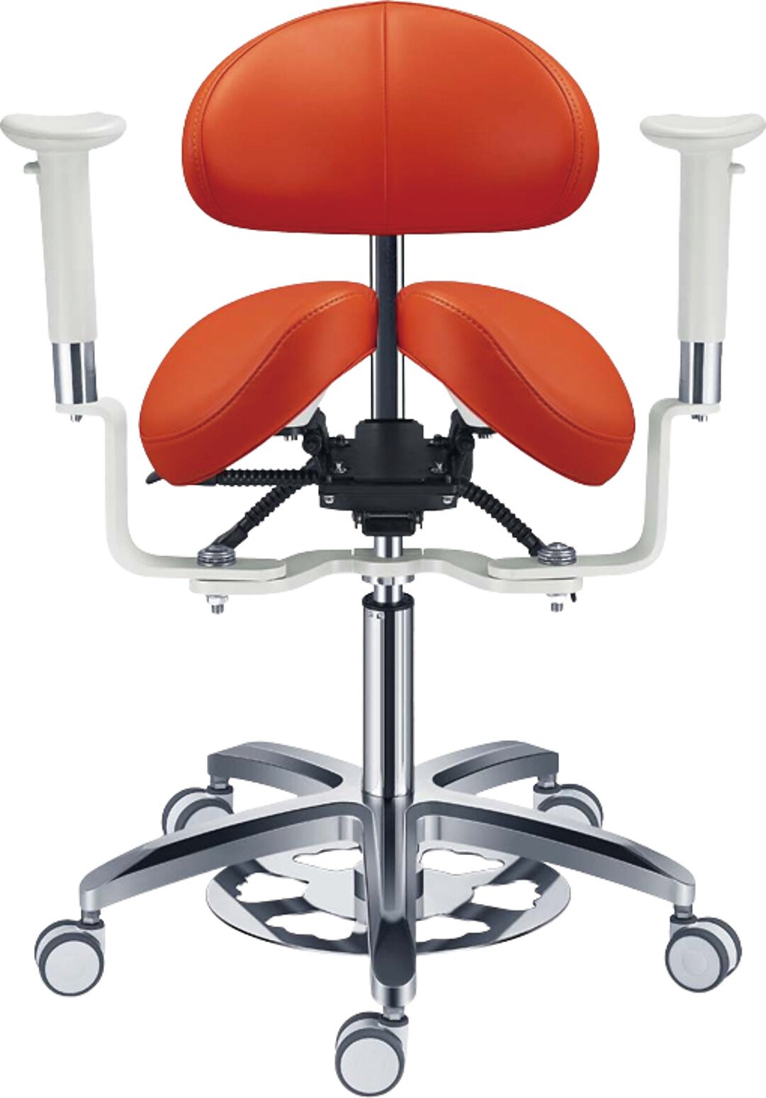 Tabouret dentaire PLST-246, assise selle avec accoudoirs, coloris orange